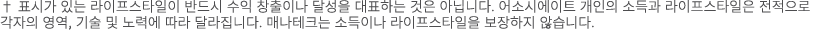 † 표시가 있는 라이프스타일이 반드시 수익 창출이나 달성을 대표하는 것은 아닙니다. 어소시에이트 개인의 소득과 라이프스타일은 전적으로 각자의 영역, 기술 및 노력에 따라 달라집니다. 매나테크는 소득이나 라이프스...